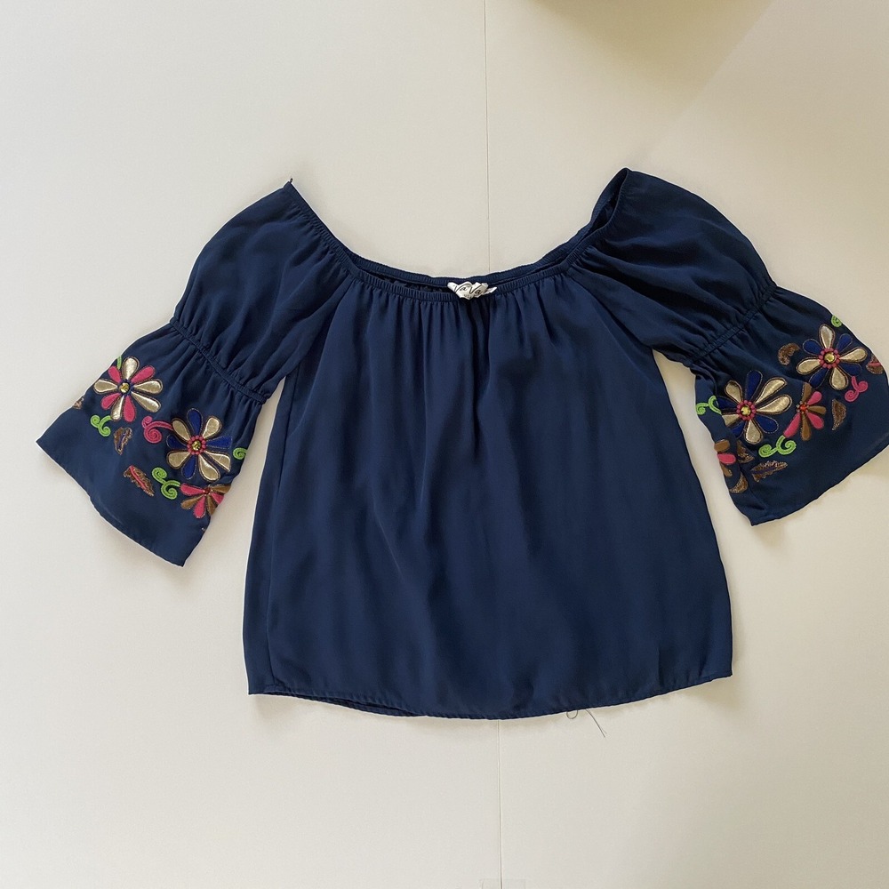 Va Va by Joy ‎ Han Off The Shoulders Top Colorful Embroidery Bell Sleeves Sz XS